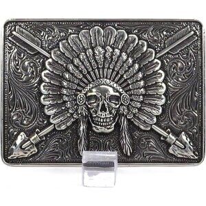 🆕Men's Antique Silver Metallic Imported Rectangle Chief Skull  Belt  Buckle